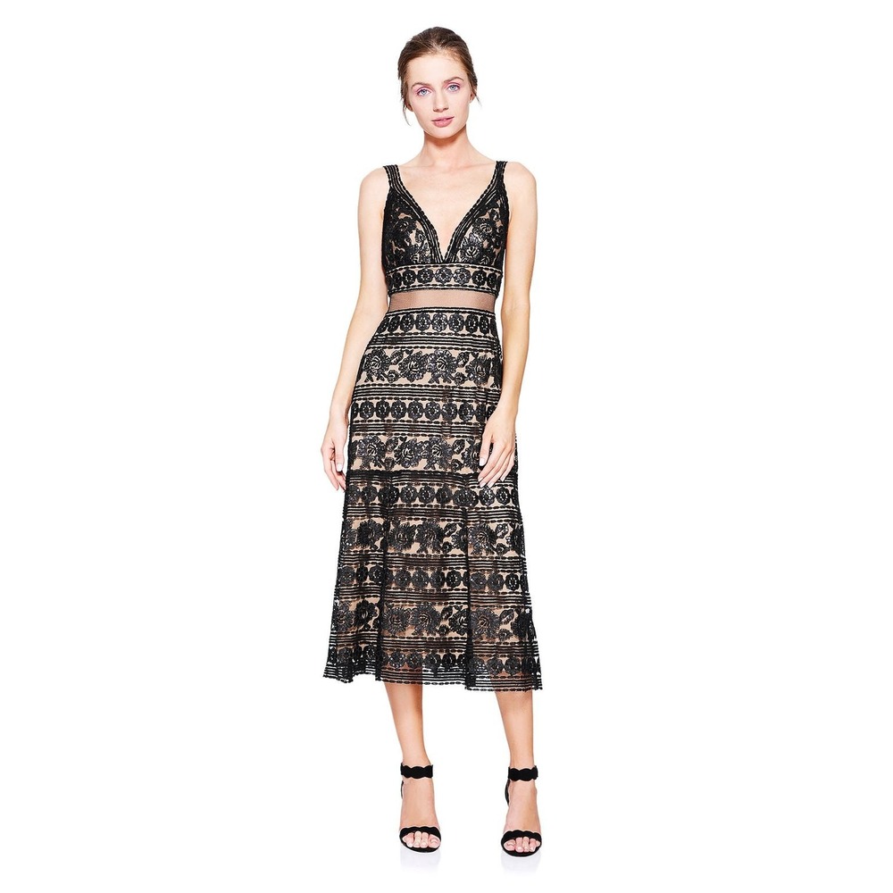 Tadashi Shoji Dress 8 Black Lace Sequin V-Neck Midi Party Wedding Guest Floral